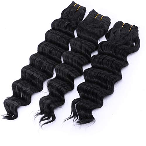 3 Bundles Deep Wave Synthetic Hair Weave 100Gram/Bundle Color 1# Black 16 18 20 Inches High Temperaturre Heat Resistant Fiber Synthetic Hair