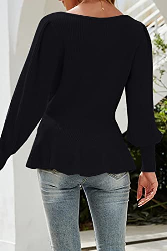 Womens Fall Puff Sleeve Peplum Casual Slim Fit Knit Pullover Sweater Jumper Tops4