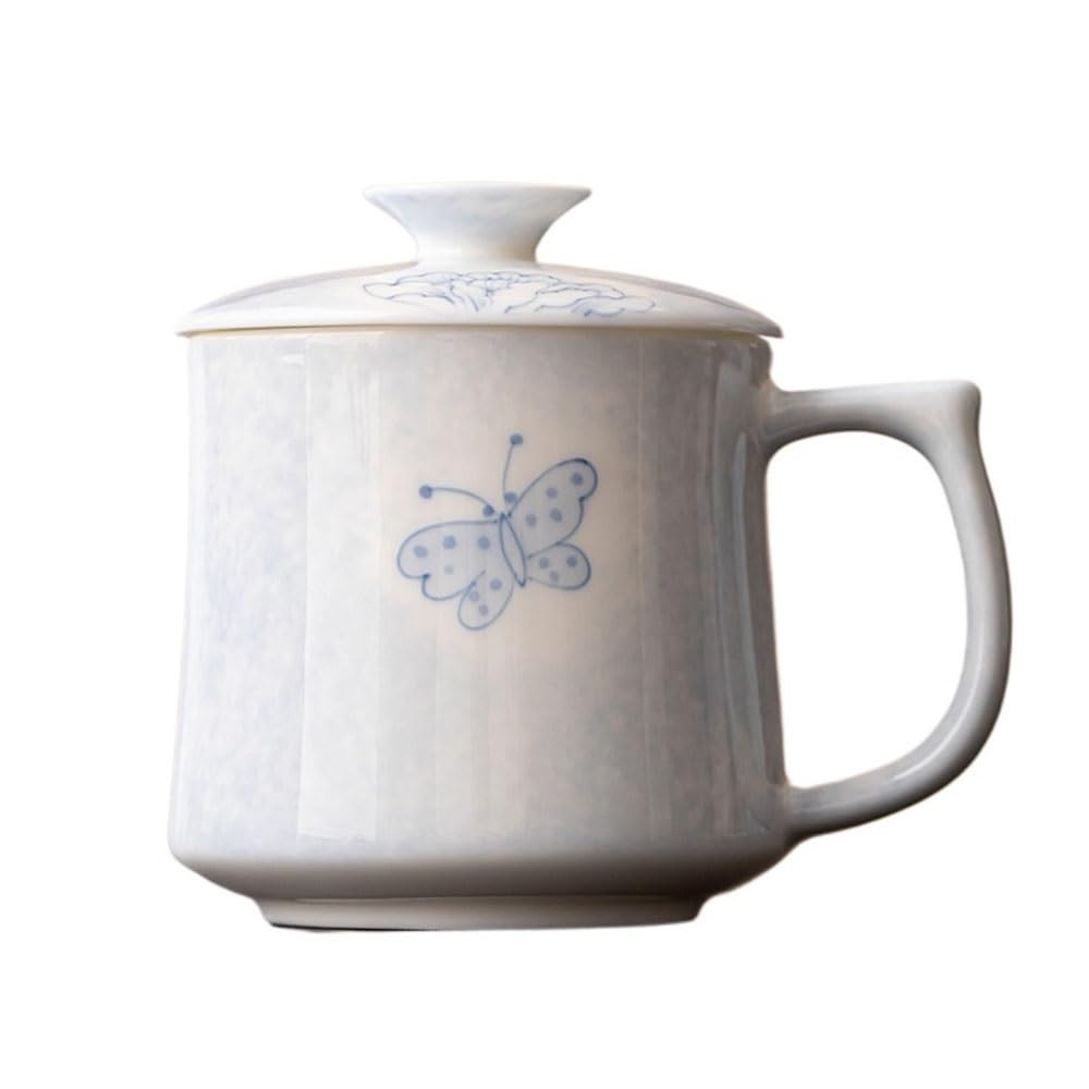 LIBANGRONG-888 Mugs Butterfly & Flower Ceramic Cup with Handle & Lid Large Capacity Mug for Home Office Café Milk Tea Cup