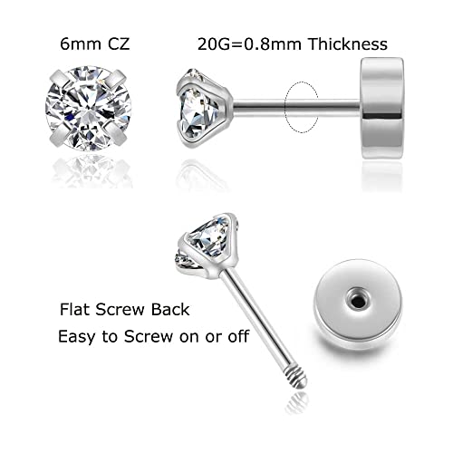 Small Silver Flat Screw Back Cz Stud Earrings,20G Flatback Cubic Zirconia Studs For Women Girls Cartilage Helix Tragus Piercing Hypoallergenic (6Mm Cz, Silver Earrings) #TOP1