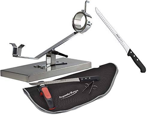 JAMONERO Profesional Inoxidable Giratorio Y BASCULANTE JAMONERA Modelo Future + Set DE Corte Cuchillo JAMONERO Arcos ALVEOLADO + AFILADOR + Pinza + Cubre Jamon LepantoHouse