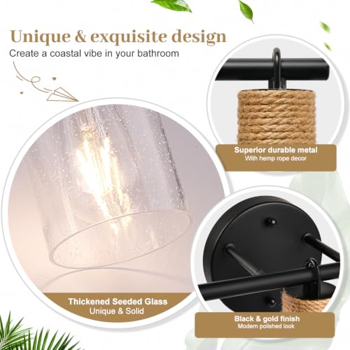 Image of MOKATNG Bathroom Light Fixtures, 3-Light Coastal Vanity Lights with Seeded Glass, Black Bathroom Wall Lamp for Mirror Kitchen Cabinet Hallway