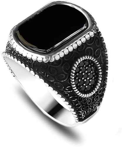 925 Sterling Silver Genuine Black Onyx Stone Mens Silver Ring with Micro Zircon Stones Silver Signet Ring for Men Handmade Engraved Silver Men Rings Sterling Silver Pinky Ring Gift for Men Gift for Dad
