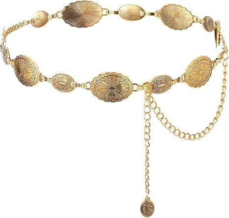 Western Metal Oval Concho Chain Belt for Women Cowgirl Boho Vintage Waist Belt for Western Dresses Jeans Pants Fashion Country Concert Outfit Gold Chain Hip Belts (PACK OF 1)-image-9