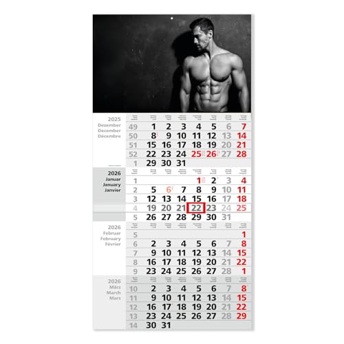 Timr 4-Monatskalender 2026 - Erotik Kalender Wandkalender 4 Monate mit Schieber - 65 5 cm Erotikkalender 2026 mehrsprachig D/GB/F I Männer-Kalender I Motiv Mann I tr369
