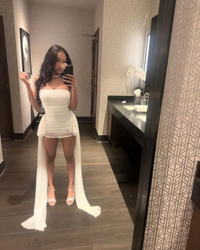 Image of Vssjavun Women Sexy Tube Mini Dress Mesh Strapless Backless Ruffle Bodycon Short Dresses for Birthday Party Club