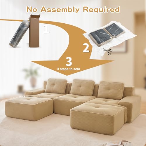 Image of 117 inch U-Shaped 3-Seater Modular Boneless Couch with 2 Ottomans, Cozy Corduroy Upholstery, Deep Seat Cloud sectional Sofa, No Assembly Anti-Slip Stable Design, Camel