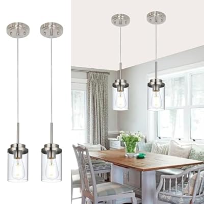 MELUCEE 2 Pack Pendant Lights Kitchen Island Brushed Nickel Adjustable Hanging Ceiling Lamp with Clear Glass Shade, Modern Glass Pendant Lights for Dining Table Hallway Living Room
