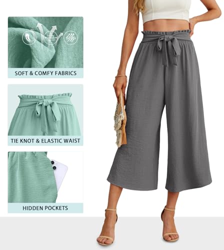 Image of IWOLLENCE Women Flowy Loose Wide Leg Pant Summer Beach Casual Trousers high Waist Adjustable Knot Business Work Casual Pants