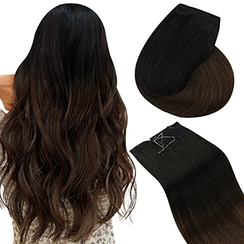 Fishing Line Human Hair Extensions Black Ombre #1B/4 Natural Black Ombre Dark Brown Fish Line Hair Extensions 16inch 80g