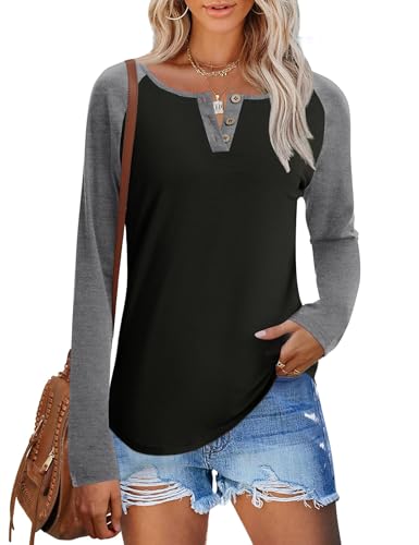 IECCP Long Sleeve Shirts for Women Casual Henley Tops Loose Fit Tshirt Dressy Color Block V Neck Button Womens Tunic Blouse2