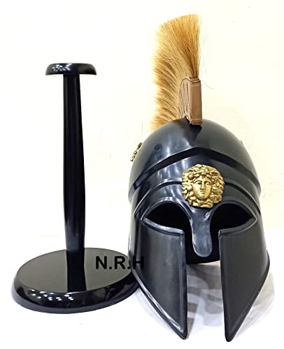 Nautical Replica Hub Greek Corinthian Helmet Ancient Medieval Armor Knight Spartan Halloween Helmet with White Plume With Wooden Stand
