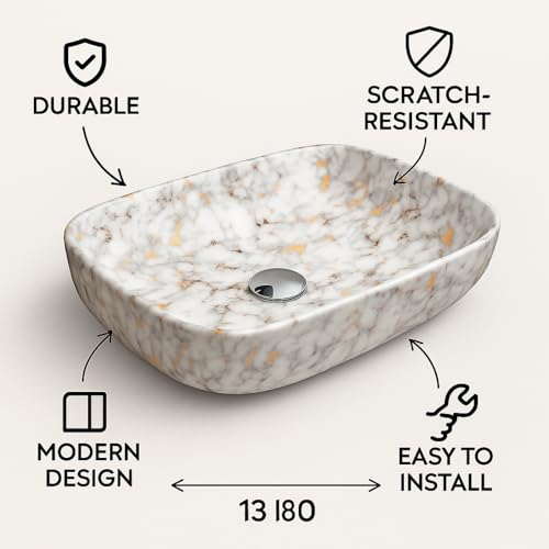 Image of Ceramic Tabletop Wash Basin - Glossy Rectangular Countertop Vessel Sink with Marble Finish for Bathroom & Vanity | Compact 18 x 13 x 5 Inch | Elegant Washbasin