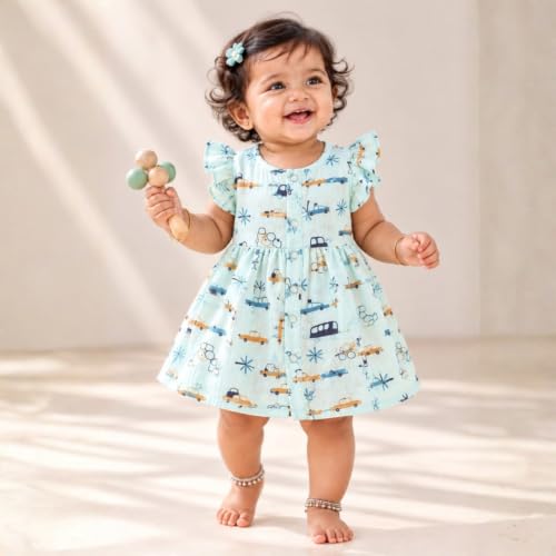 Image of Lilimi Toddler Baby Girl Cotton Muslin Dress, Breathable Flutter Sleeve Button-Front Cute Frocks