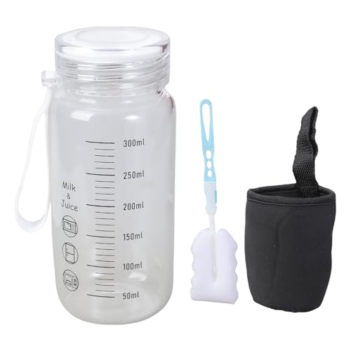 ホウケイ酸ガラスドリンクボトル 300 ミリリットルスケールマーキング付き飲料箸置きカップスリーブと蓋付きジム必須ガラスウォーターボトル測定付き