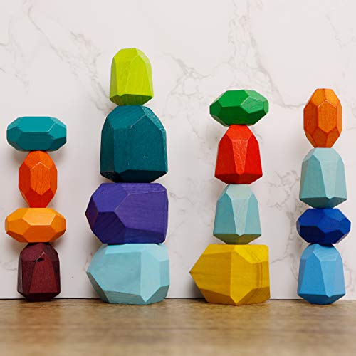 Image of Cllayees 16 Pcs Wooden Stacking Blocks Rocks Building Toys, Colored Solid Wood Stones Pre-School Educational Games Creative Toys for Kids Toddlers