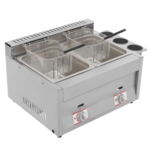 Grfcevue Stainless Steel Countertop Gas Fryer,10L*2 Commercial Lpg Gas Deep Fryer Countertop Commercial Dual Tank Kitchen Fat Fryer Machine Snack Fryer For French Fries Restaurant Home Kitchen cover