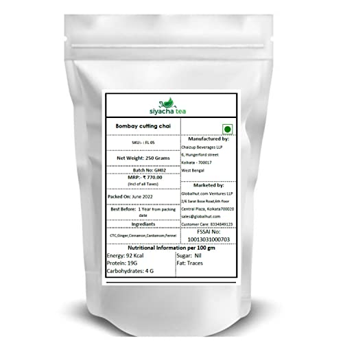 Image of Siyacha Tea Bombay Cutting Chai, 250 Grams, Strong Malty Black Tea, with Pure Ginger, Cinnamon, Cardamom, Fennel Blend, 100% Natural Herbal Refreshing Beverage, Makes 125 Cups,