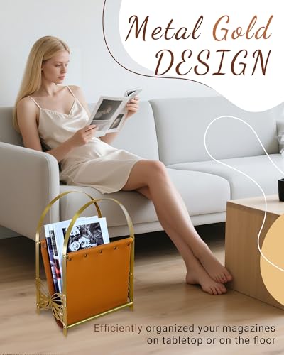 Aocii Magazine Holder, Artificial Leather Magazine Rack Floor with Golden Butterfly Hardware & Antique Brass Buckles, Bathroom Magazine Rack, Magazine Organizer for Floor Standing Home Decor - Image 5