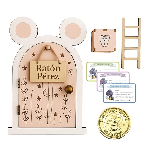 Zaldun-Puerta Ratoncito Pérez – Casita Ratoncito Pérez de Madera | Caja para Dejar Dientes,Escalera, certificados y Moneda - Se Abre la Puerta. (Rosa)