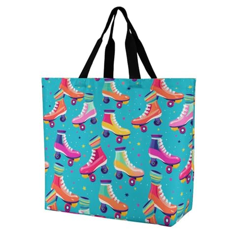 Coloridos patines de ruedas novedosa bolsa de hombro para mujer, bolsas de compras reutilizables y ligeras bolsas de almacenamiento de viaje
