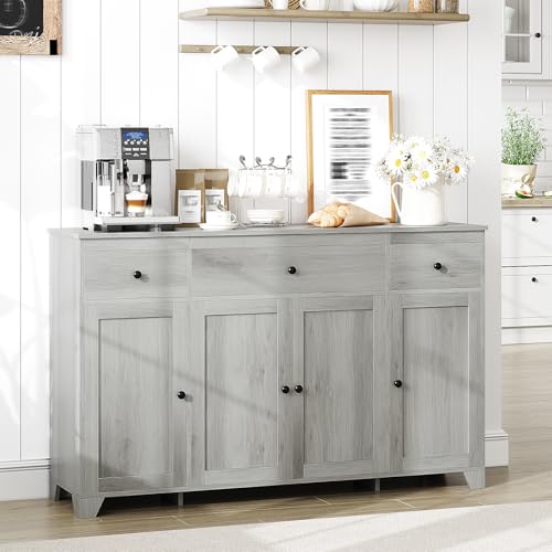 55" Sideboard Buffet Cabinet with Storage, Coffee Bar with Adjustable Shelves, 3 Drawers and 4 Minimalist Doors, Long Storage Cabinet for Kitchen, Dining Room, Living Room- Grey