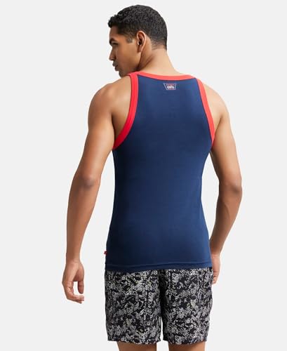 Image of Jockey US27 Men's Super Combed Cotton Rib Square Neck Gym Vest (Shoulder Strap Color May Vary) Navy & Red Pepper M