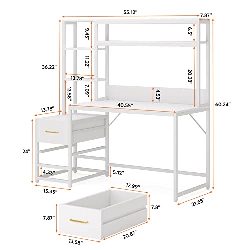 Image of Tribesigns 55 Inch Computer Desk with 2 Drawers and Storage Shelves, Rustic Office Desk with Hutch, Study Writing Gaming Table Laptop Workstation for Home Office (White)