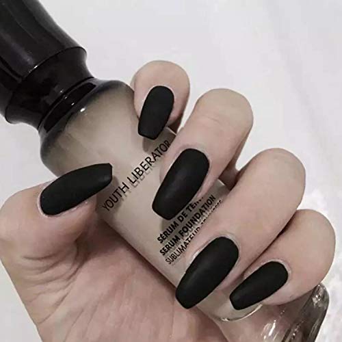 24PCS Fake Nails Ballerina Matte Coffin Nails Full Cover Pure Color Artificial Fakes Nails Medium False Nail Gel Nails Art Tips Sets for Halloween Party Women Girls Teens (Black)