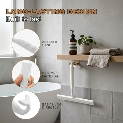 Image of Shower Squeegee for Glass Doors, 10-Inch Silicone, Fishtail Type Hook,White | One-piece Silicone, Fishtail Hook, Non-slip Grip and Quiet Glide for Shower Glass, Tile, Mirrors, Windows and Car Glass
