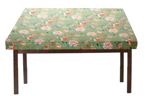 Image of The Furnishing Tree Elastic Cotton Square Dining Table Cover 42x42 in Inches Floral Multicolor on Greenish Base