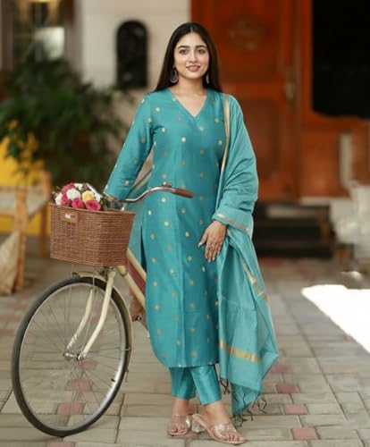 Image of GoSriKi Viscose Printed Kurta for Women | Kurti Set Woman | Kurta with Pant & Dupatta | Straight Ethnic Suit | Indian Outfit Ladies Dress Stylish Traditional Clothing Party Office Fashion Look Style
