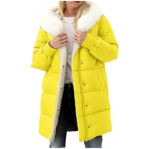Gubsssl Daunenmantel Damen Warme Winterjacke Lang Steppmantel Pufferjacke Elegant Sportjacke Abnehmbarer Pelzkragen Daunenjacke Winter Jacke Frauen Wintermantel Dick Mantel Outdoorjacke Gelb XL