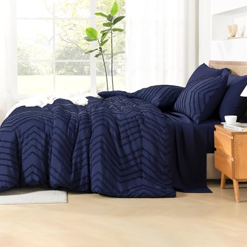 Image of Litanika Super King Size Comforter Set with Sheets Navy Blue - 7 Pieces Bed in a Bag Oversized King Boho Tufted Complete Bedding Sets with Comforter, Sheets, Pillowcases & Shams