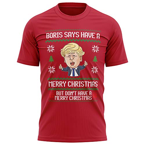 Image of Purple Print House Boris Johnson Christmas T Shirt, Funny T Shirts for Men, Xmas Novelty Jumper Festive Politics Conservative Brexit Gifts, XL, Red