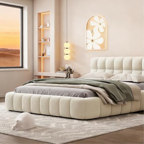 BRILVERDE Polsterbett 140x200 cm Bubble Bett, Doppelbett mit Weiches Kopfteil, Jugendbett, Bettgestell mit Lattenrost, Leinen, ohne Matratze (Beige, 140 x 200 cm) – Bild 5