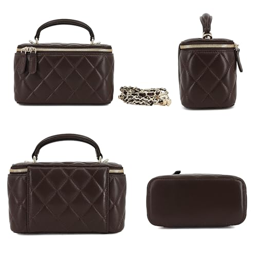 Image of M-ioi-M Small Genuine Leather Purse Quilted Crossbody Bag for Women, Mini Top-Handle Shoulder Handbag w /Gold Chain Strap