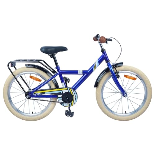 Runheo Bicicleta infantil de 18 pulgadas, color azul oscuro, marco de acero con manillar y asiento ajustables, 1 marcha, guardabarros, timbre, freno de contrapedal para 5-7 años, excursión al aire