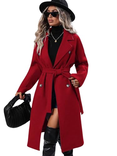 utcoco Womens Long Wool Pea Coat Notched Lapel Double Breasted Trench Coat Winter Warm Overcoat with Belt (Small, Red)
