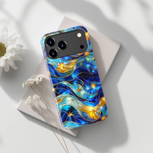 Image of Goodon for iPhone 17 Pro Case Cute - Wireless Charging Compatible - Dual-Layer Hard Shell + Silicone Cover - Protective Phone Case with Trendy Designs for Women - Abstract Bule Gold Water