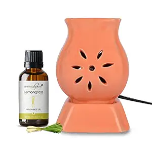 Aromahpure Peach Electric Ceramic Flower Pot Design Diffuser 15 ml Fragrance Oil | Thai Lemongrass | Scented Diffuser| Elegant Diffuser for Home, Mandir, Office, Desk Decoratives, Gifting