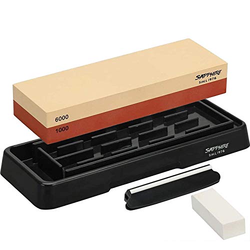 Knife Sharpening Stone Whetstone Knife Sharpener Stone Premium 2 Side Grit 1000/6000 Water stone with Non Slip Rubber Base Holder, Angle Guid and Flattening Stone for Kitchen Hunting Kamikoto Knives
