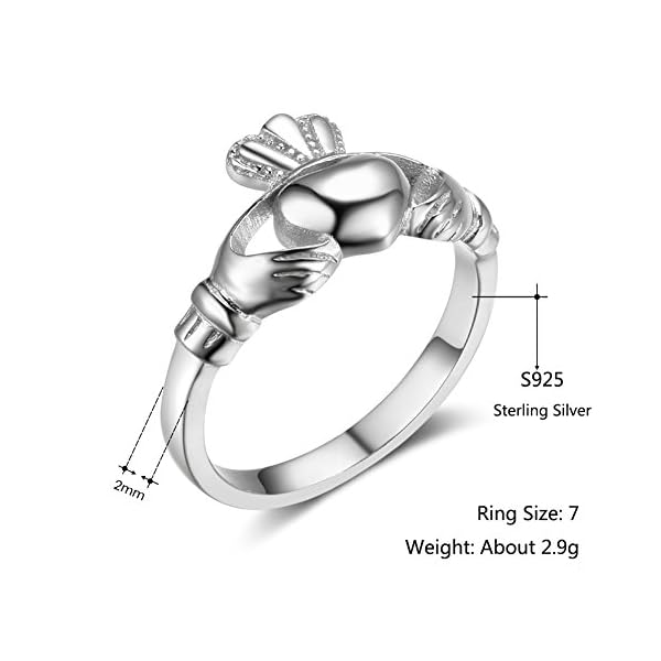 S925 Sterling Silver Irish Ladies' Claddagh Ring, Size 6 7 8 9 (7)