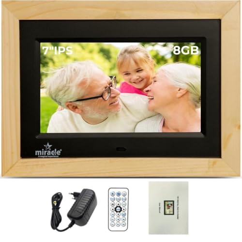 Image of Miracle Digital 7''(17.78) IPS Wooden Digital Photo Frame with High Def Screen,USB DiskCard, RemotePhotos SlideShow,Video Audio, Support SD Built in 8GB Memory & 2GB RAM 180Wide Angle Viewing(Light)