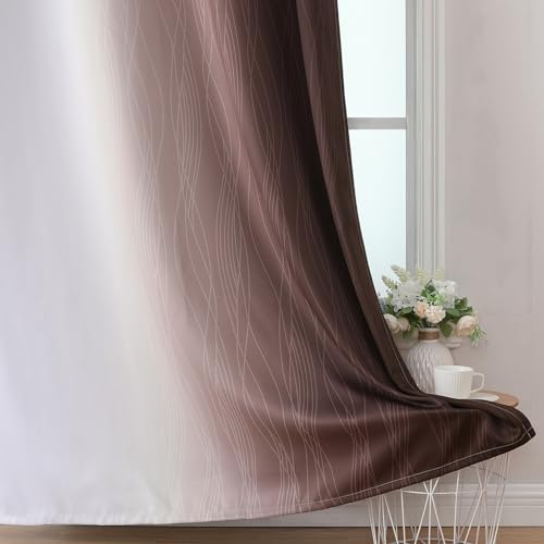 Estelar Textiler Brown and Greyish White Blackout Curtains for Living Room, Full Room Darkening Grommet Ombre Curtains for Bedroom, Thermal Insulated Light Blocking Gradient Drapes, 42Wx72L, 2 Panels