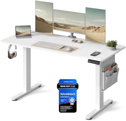 SONGMICS Höhenverstellbarer Schreibtisch 140 x 60 cm | Schreibtisch höhenverstellbar elektrisch, USB-C-Anschluss, Memory-Funktion mit 4 Höhen, wolkenweiß LSD134W01