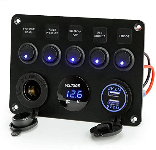 Riverhighfur Interrupteur à Bascule Panneau 5 Gang,Panneau de Commutateur 12V Prise D'alimentation 4,2A LED Voltmètre USB Double Socket Chargeur pour véhicules de Camping-Car de Camion RV Marin Cover