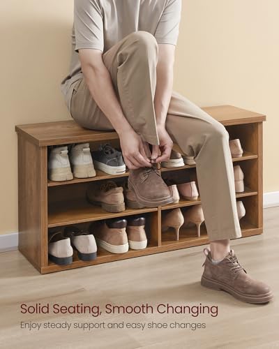 Image of VASAGLE Shoe Bench, Storage Bench, 6 Compartments, Adjustable Shelves, for Living Room, Entryway, Dorm, 11.6 x 39.4 x 19.7 Inches, Honey Brown ULSB036K01