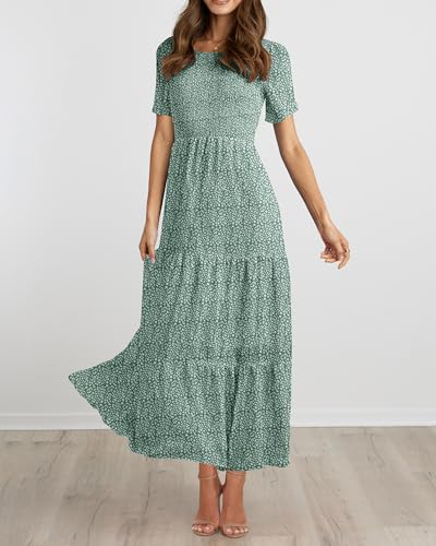 Image of BTFBM Women Casual Short Sleeve Crew Neck Summer Dress Bohemian Floral Printed Flowy Maxi Dresses Tiered Cocktail Dress