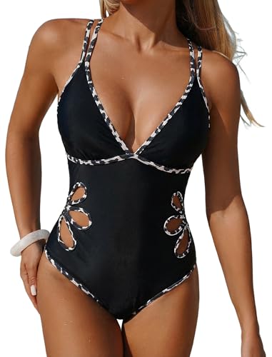 Image of ZAFUL Women's Petal Cut Out One Piece Swimsuit Colorblock V Neck Dual Straps Crisscross Backless Bathing Suit